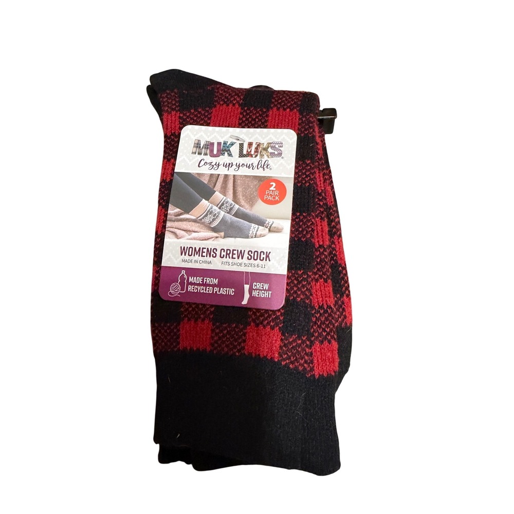 Muk Luks Womens Crew Socks 2 Pair Pack Buffalo Plaid Red Black Grey Size 6-11 NE